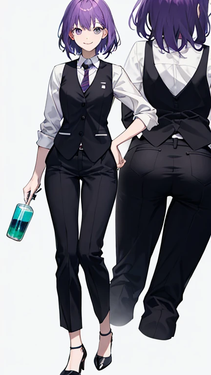 Woman with purple hair,bartender,vest,shirt,tie,pants,Heel,simple background,smile,whole body,full body,full body,Standing picture,vtuber,front,from front,Viewer's perspective,Focus your gaze on the front,