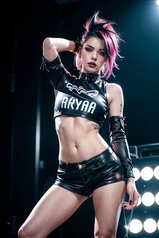 photorealistic:1.2, a rocker girl in tight shorts, portrait, full body shot, edgy clothes, dark lipstick, spiky hair, thin athletic body, confident expression, punk style, striking pose, dynamic lighting, vibrant colors, ARRI ALEXA 65, 50mm lens