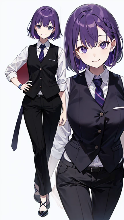 Woman with purple hair,bartender,vest,shirt,tie,pants,Heel,simple background,smile,whole body,full body,full body,Standing picture,vtuber,front,from front,Viewer&#39;s perspective,Focus your gaze on the front,