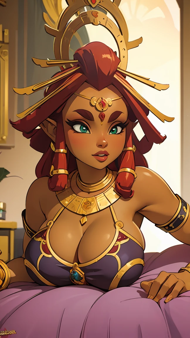 ((masterpiece)), ((best quality)), (detailed), perfect, solo, riju, gorgeous woman with armor bikini, luscious lips, red hair, huge breast, deep cleavage, huge breasts, sexy, lying down