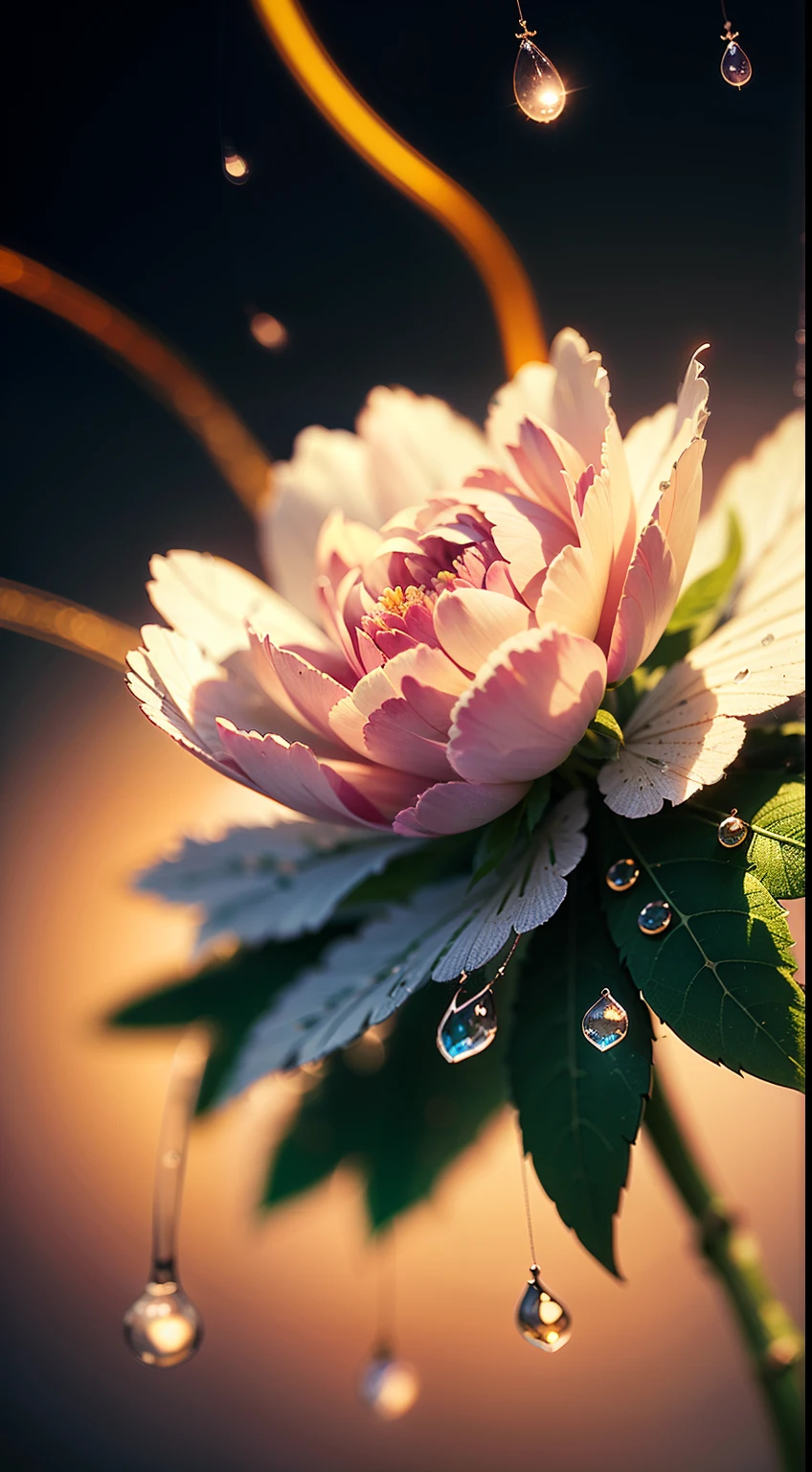 Divinely beautiful  microscopic world , Masterpiece , Macro photography , cobweb close up, film grain, chromatic aberration, neon bokeh , smoke , highly detailed, Bright sunny weather, microflowers, drops, blur, Peonies