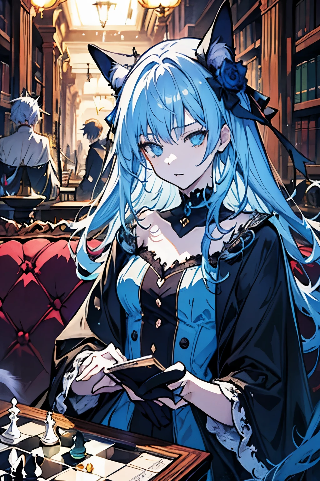 Characters in a library with a chessboard and books,
1 boy, 1 girl, black cat ears(male)and a woman with light blue hair,
Elegant sofa, Academy Magic uniform,
High-definition official artwork, light novel cover picture,
Epic light novel art cover, art book artwork,