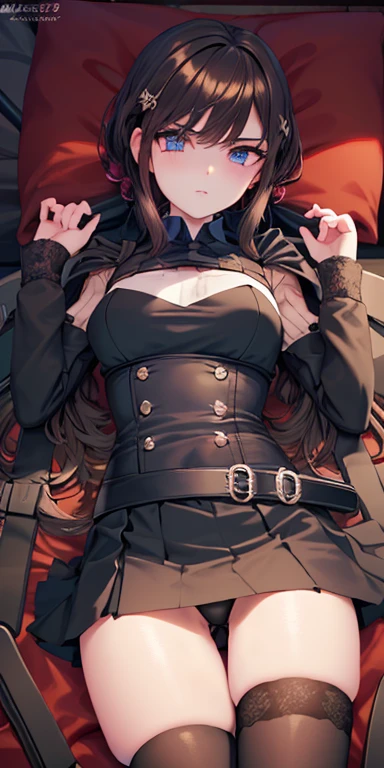(Make the subject look three-dimensional with the contrast of light and shadow),Cute and beautiful 22yo girl,(masterpiece:1.2), best quality, high resolution, unity 8k wallpaper, (illustration:0.8), (beautiful detailed eyes:1.6), extremely detailed face, perfect lighting, extremely detailed CG, (perfect hands, perfect anatomy),Brown hair,watching at viewers,black suspenders,(Bulging ,big breasts:1.1),Black miniskirt,garters,Gaze,Small face,bangss,holster,Belt Armament,Beautuful Women srestrained,hands up,Lying in bed,Leg holster ,lying on the bed,Gaze,black boots,panty shot