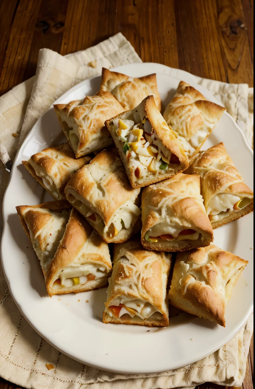 (main subject) A plate of delicious pizza prötchen,(material) traditional baked bread with toppings of tomato sauce, cheese, pepperoni slices, and herbs. The bread has a crispy crust and a soft interior.(additional details) The toppings are evenly spread on the bread, with generous amounts of melted cheese covering the surface. The pepperoni slices are perfectly placed, adding a savory and spicy flavor. The herbs on top provide a fresh and aromatic touch, enhancing the overall taste. The pizza prötchen is served on a rustic wooden plate, which adds to the rustic charm of the dish. The plate is set on a table covered with a checkered cloth, giving a cozy and inviting feel to the scene.

(image quality) (best quality, 4k, highres, masterpiece:1.2), (ultra-detailed), (realistic, photorealistic:1.37),(professional), (vivid colors), (sharp focus).

(art style) (food photography), (gourmet cuisine).

(color palette) The color palette is warm and inviting, with vibrant reds from the tomato sauce and pepperoni, golden browns from the baked bread, and creamy whites from the melted cheese. The colors are rich and appetizing, creating a visually pleasing image.

( lighting) The scene is softly lit, with natural light coming from a nearby window. The light gently illuminates the plate, highlighting the textures and colors of the pizza prötchen. Shadows are cast, adding depth and dimension to the image.