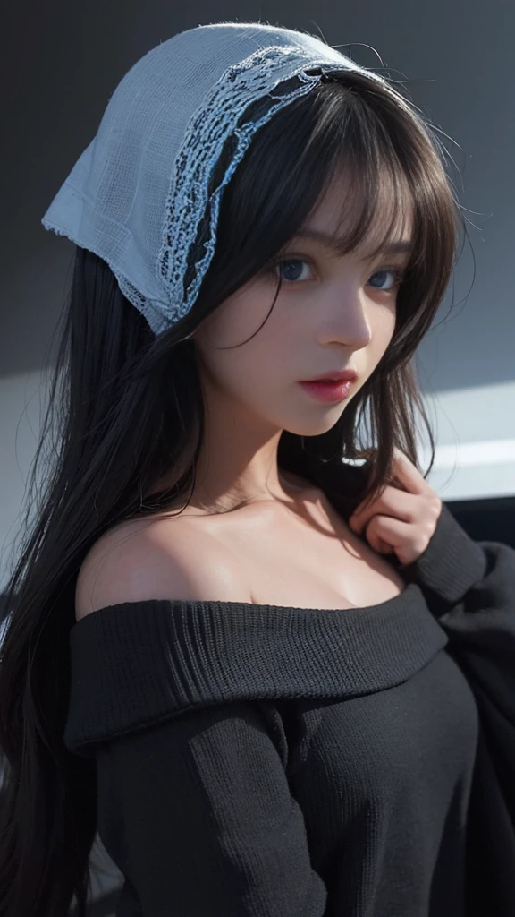 best quality, masterpiece, ultra high resolution, (lifelike:1.4), original photo, 1 girl, Off the shoulders, in the darkness, deep shadow, low profile, cold light, looking at the audience, ((dark background)), big breasts, Naked trench, long bangs, blue eyes, Pointed face, sharp vision,ultra high resolution, perfect glowing skin, perfect lighting, detailed lighting, dramatic shadows, Ray tracing, Black Sweater, blue eyes, National Science Foundation, Upper body,