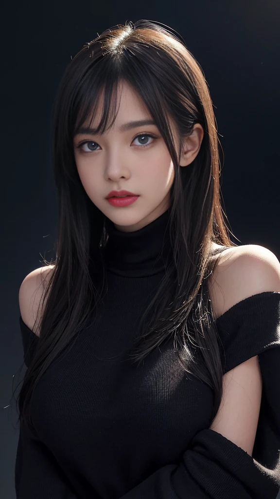 best quality, masterpiece, ultra high resolution, (lifelike:1.4), original photo, 1 girl, Off the shoulders, in the darkness, deep shadow, low profile, cold light, looking at the audience, ((dark background)), big breasts, Naked trench, long bangs, blue eyes, Pointed face, sharp vision,ultra high resolution, perfect glowing skin, perfect lighting, detailed lighting, dramatic shadows, Ray tracing, Black Sweater, blue eyes, National Science Foundation, Upper body,