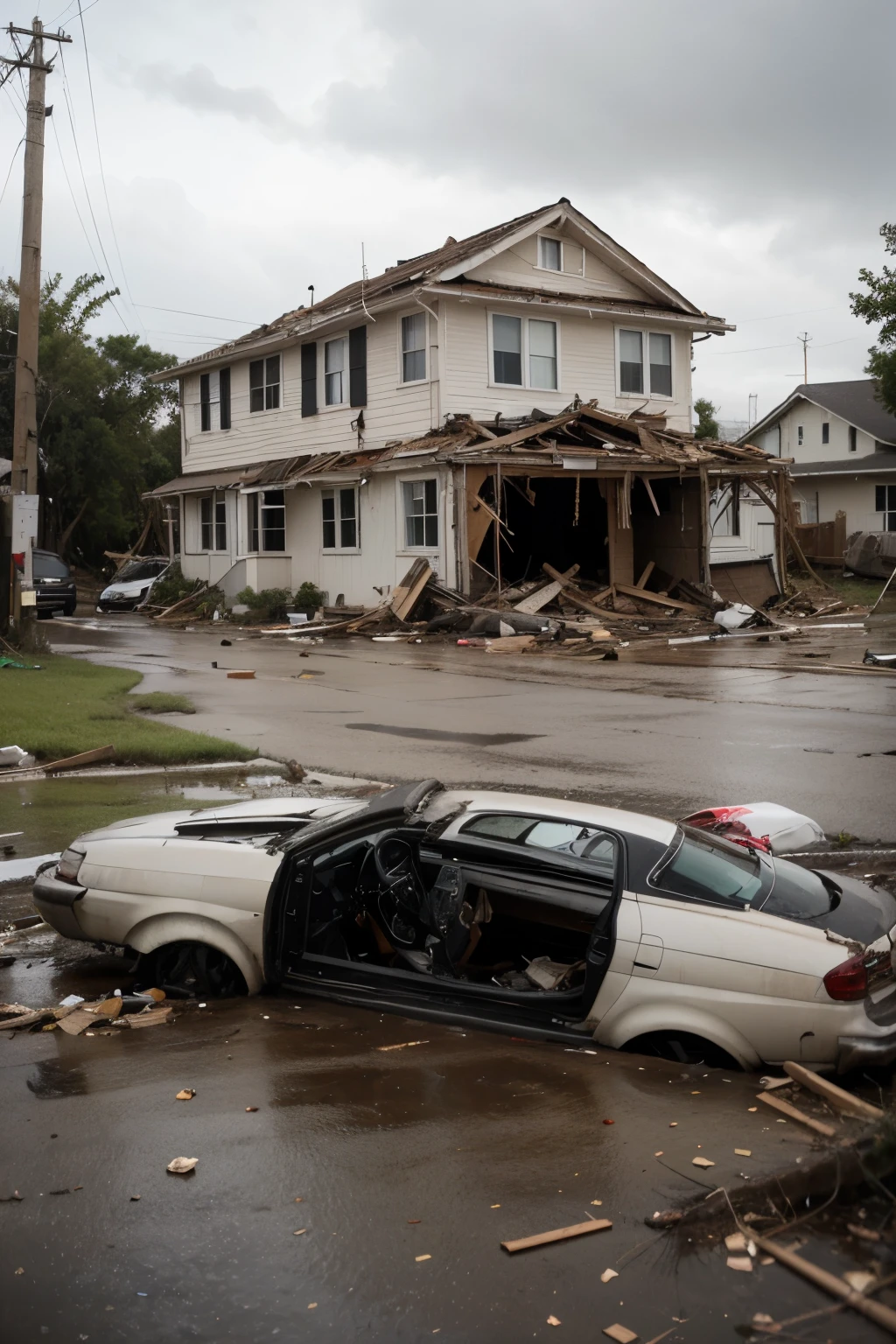 In the middle of a neighborhood devastated by a hurricane, a lonely house emerges as a symbol of resistance. As wreckage and rubble scatter around, this house remains standing, its sturdy structure defying the violent winds and fury of the storm. Janelas intactas brilham com a luz fraca do sol que rompe as nuvens escuras, while the sturdy roof bears the load of flying debris. Around you, uprooted trees and overturned cars contrast with the surprising sight of a house that, contra todas as probabilidades, faced the hurricane and survived.