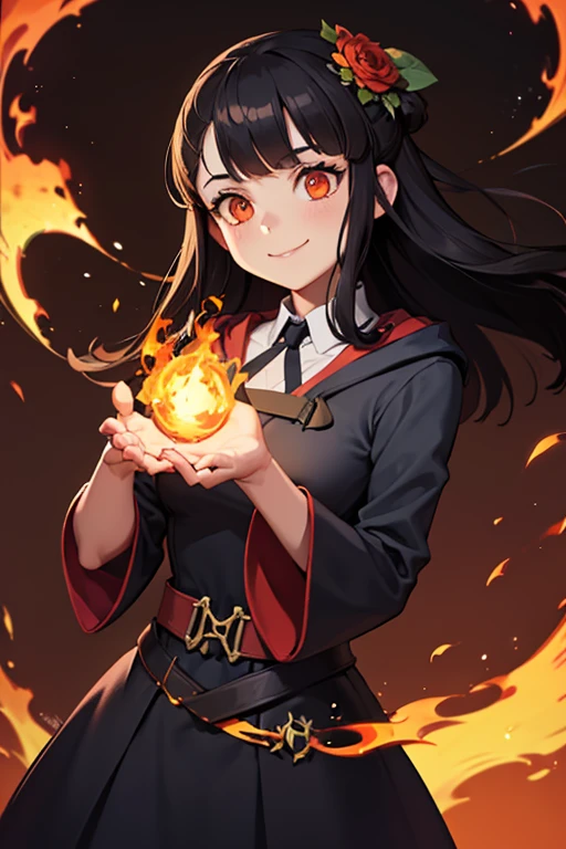 A black haired female witch with orange eyes in a conservative Victorian dress is smiling with a flower made of flames in her palms.