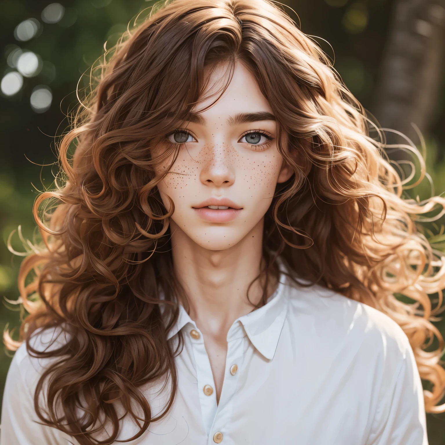 Feminine male with slim face and freckles along his cheeks and freckles, curly messy long hair with long eyelashes