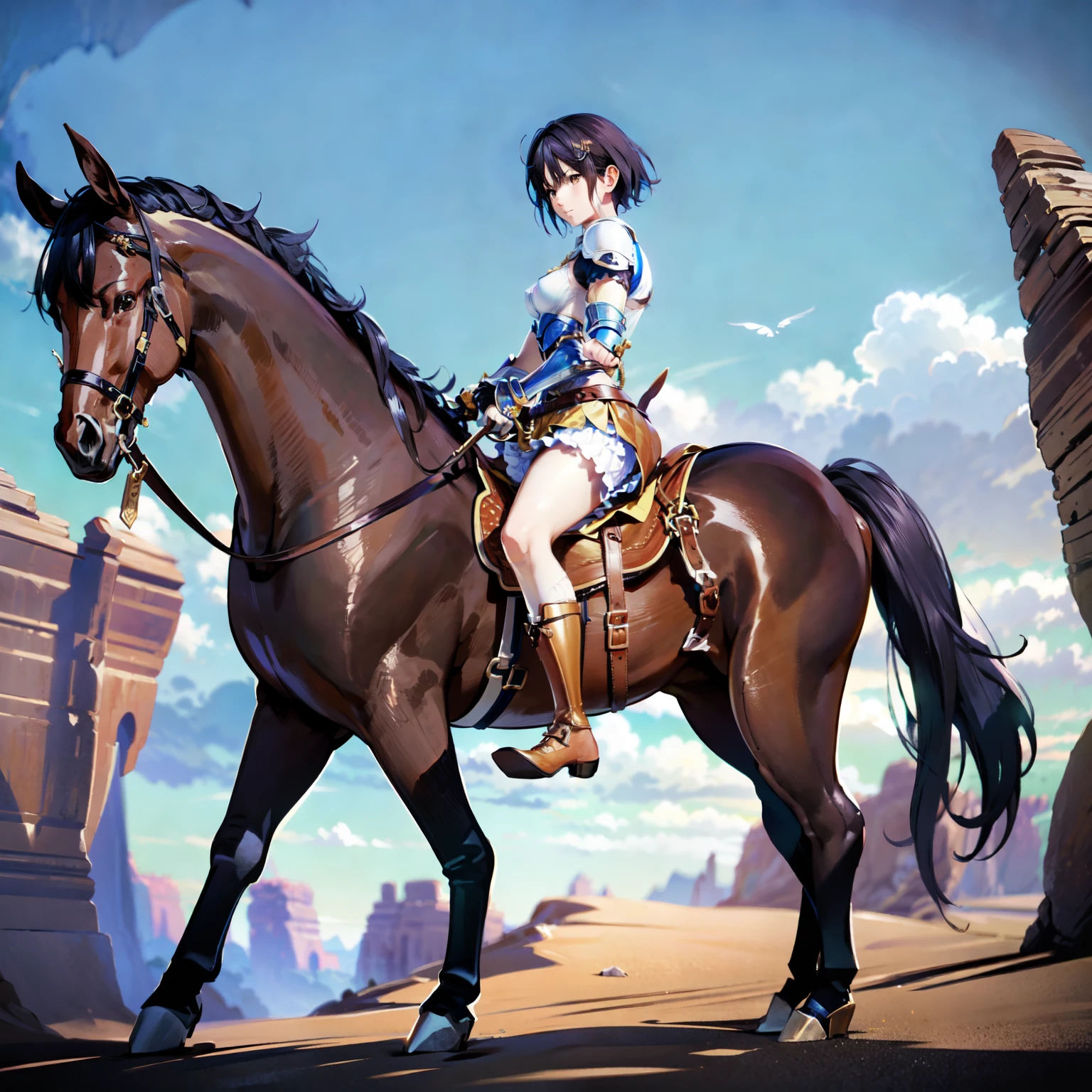 4k, 8k, hdr, wallpaper, realistic, cinematic lighting, ((best quality)), ((masterpiece)), (detailed), perfect face, anime style, pixie cut, short hair {black hair}, both hands holding tightly, reins, (female knight, brown eyes, white armor, black miniskirt, golden gauntlet, black boots, (brown horse, horseback riding, saddle, stirups, reins: 1.25), ((running)), fantasy settings, canyon, open field, gust of wind, anatomically correct