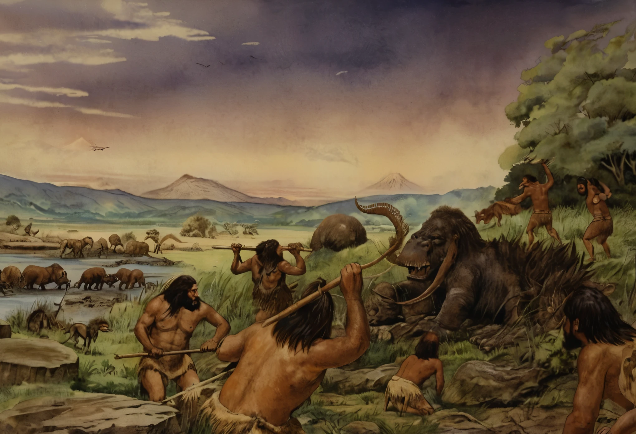 Painting depicting a group of people and animals in a field, prehistoric的, prehistoric时期, next to the dinosaur are cavemen, prehistoric fantasy, Stone Age, prehistoric, at the time of dinosaurs, Paleolithic, prehistoric planet, Ancient Art, artistic depiction, prehistoric的 cave man family, Ancient Art, The dawn of humanity, Neanderthal hunting era，author：Randolph Caldecott, (watercolor painting, masterpiece, line art, illustration art, Professional line art, Super complex and detailed, Chinese painting，8K:1.3)