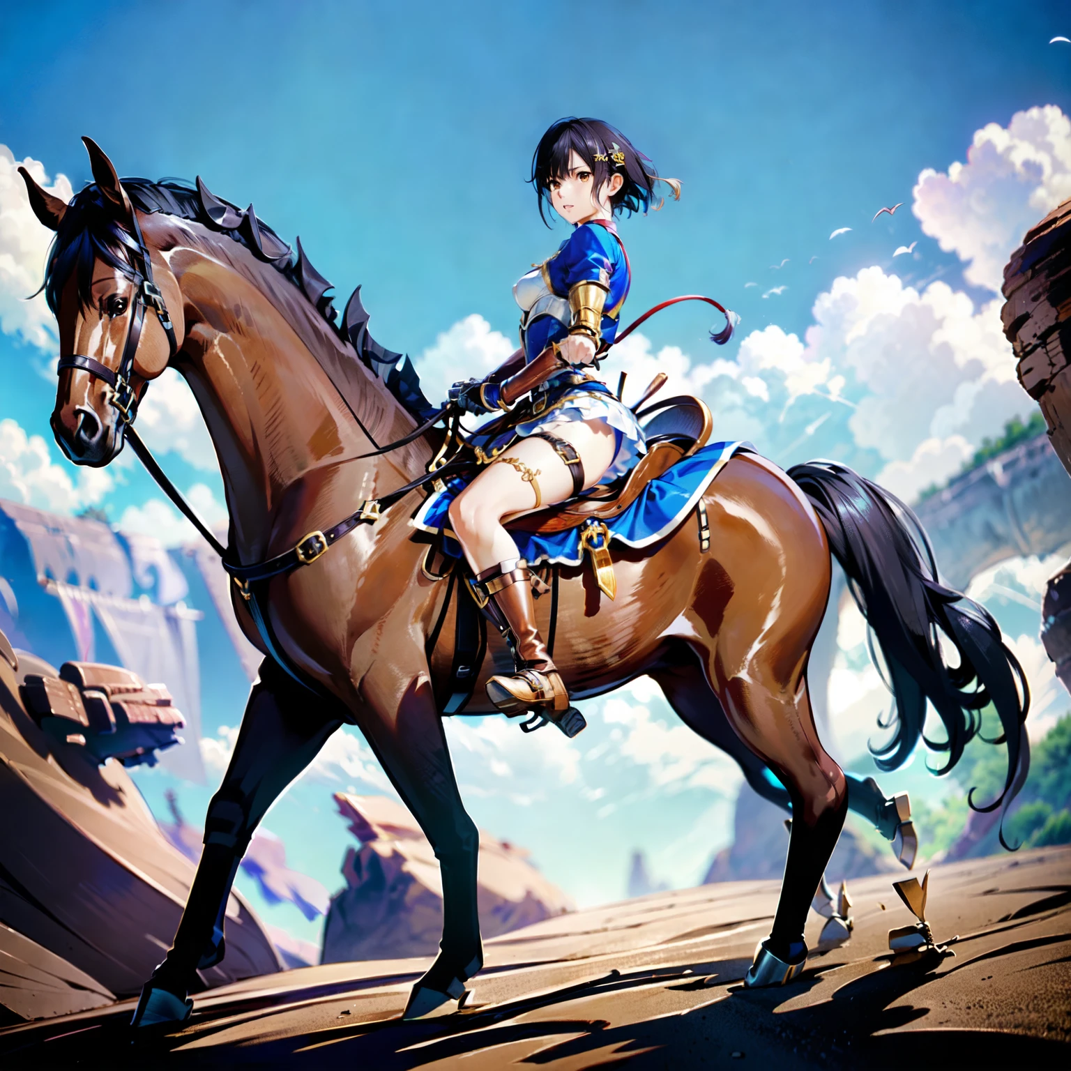 4k, 8k, hdr, wallpaper, realistic, cinematic lighting, ((best quality)), ((masterpiece)), (detailed), perfect face, anime style, pixie cut, short hair {black hair}, both hands holding tightly, reins, (female knight, brown eyes, white armor, black miniskirt, golden gauntlet, black boots, (brown horse, horseback riding, saddle, stirups, reins: 1.25), ((running)), fantasy settings, canyon, open field, gust of wind, anatomically correct