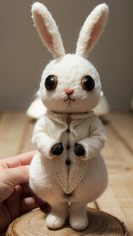 matte sharp painting cute little fluffy bunny,Eyes made of buttons, bodies made of cotton, a wool felted dream,photo of a needle felted wool mushroom figure with two googly eyes, painted by mark ryden, artgerm, artstation behance storybook