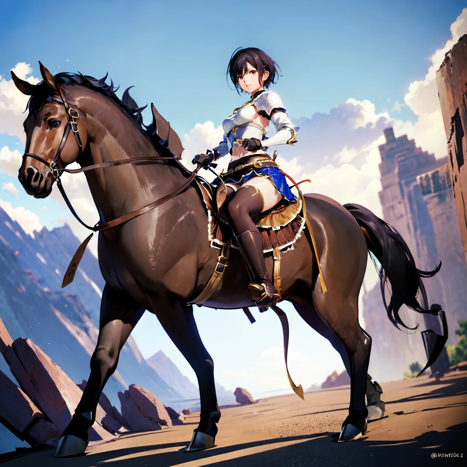 4k, 8k, hdr, wallpaper, realistic, cinematic lighting, ((best quality)), ((masterpiece)), (detailed), perfect face, anime style, pixie cut, short hair {black hair}, both hands holding tightly, reins, (female knight, brown eyes, white armor, black miniskirt, golden gauntlet, black boots, (brown horse, horseback riding, saddle, stirups, reins: 1.25), ((running)), fantasy settings, canyon, open field, gust of wind, anatomically correct