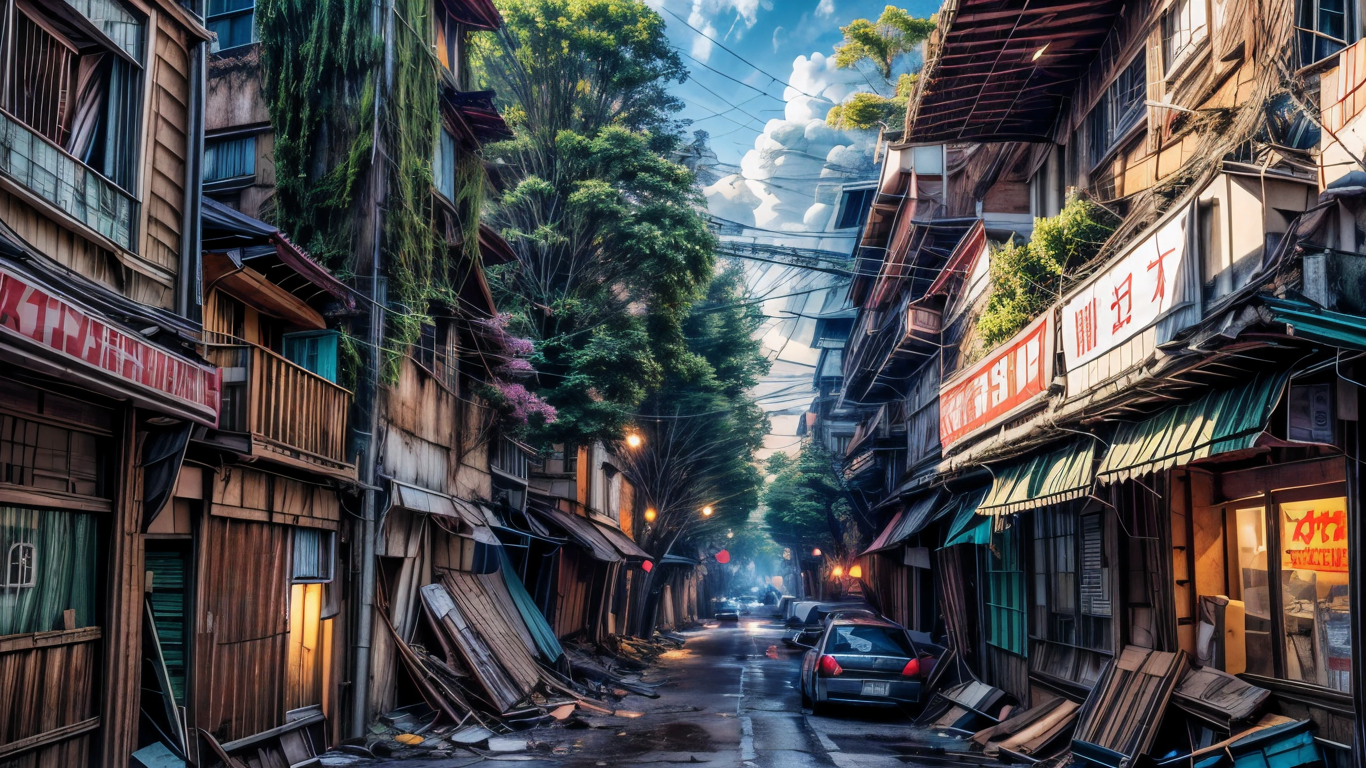 (masterpiece,best quality,ultra-detailed), award winning, ccurate, UHD, textured skin, chromatic aberration, Fujicolor, collapsed city at evening, postapocalypse, after battle, light particles, Capture the interplay of light and shadow, highly detailed CG unity 8k wallpaper, textured landscape