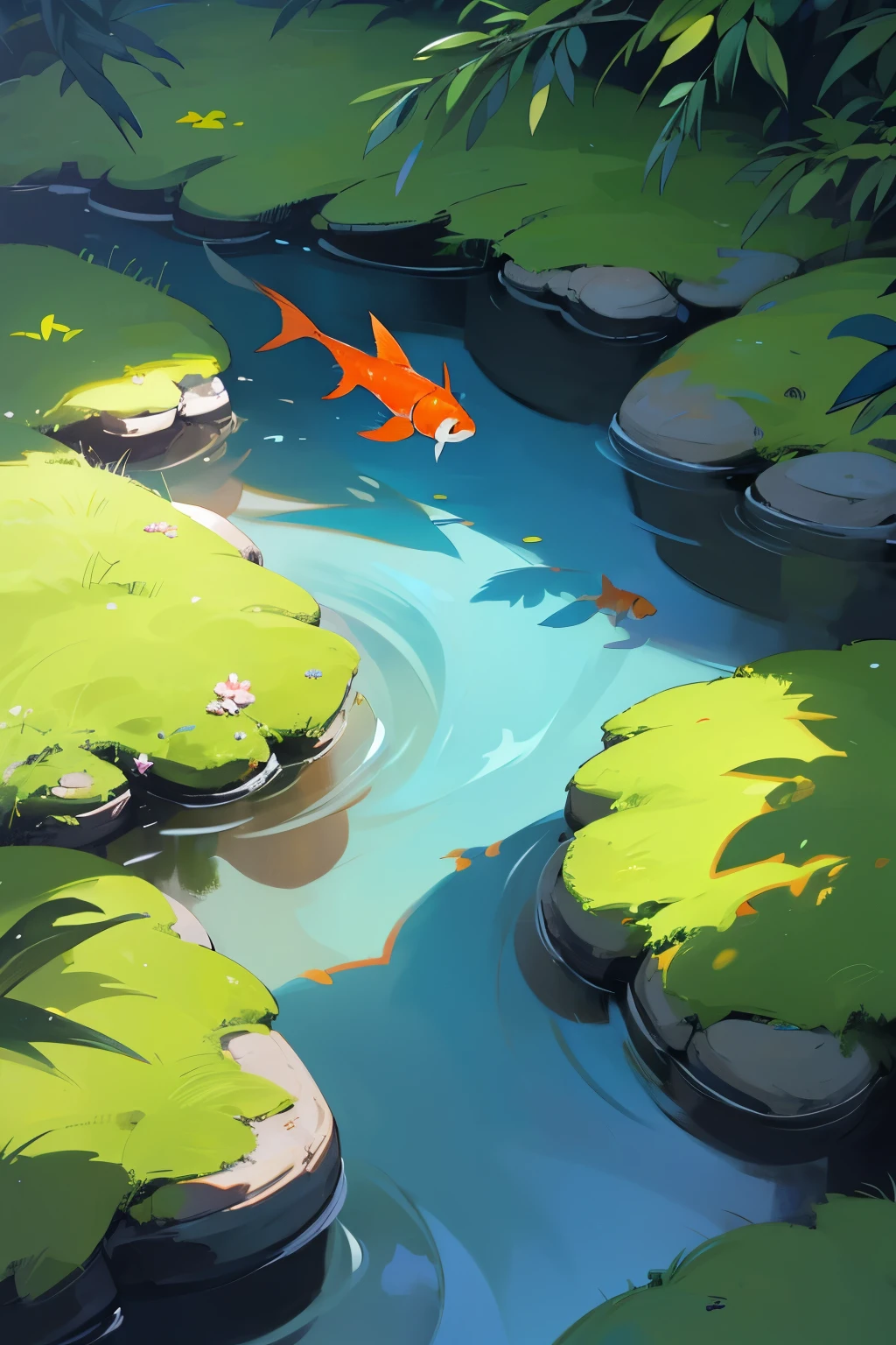 There is only one goldfish in the clear stream,A bird's-eye view of the fish from above the stream,creek in beautiful forest,It can show the whole picture of the stream