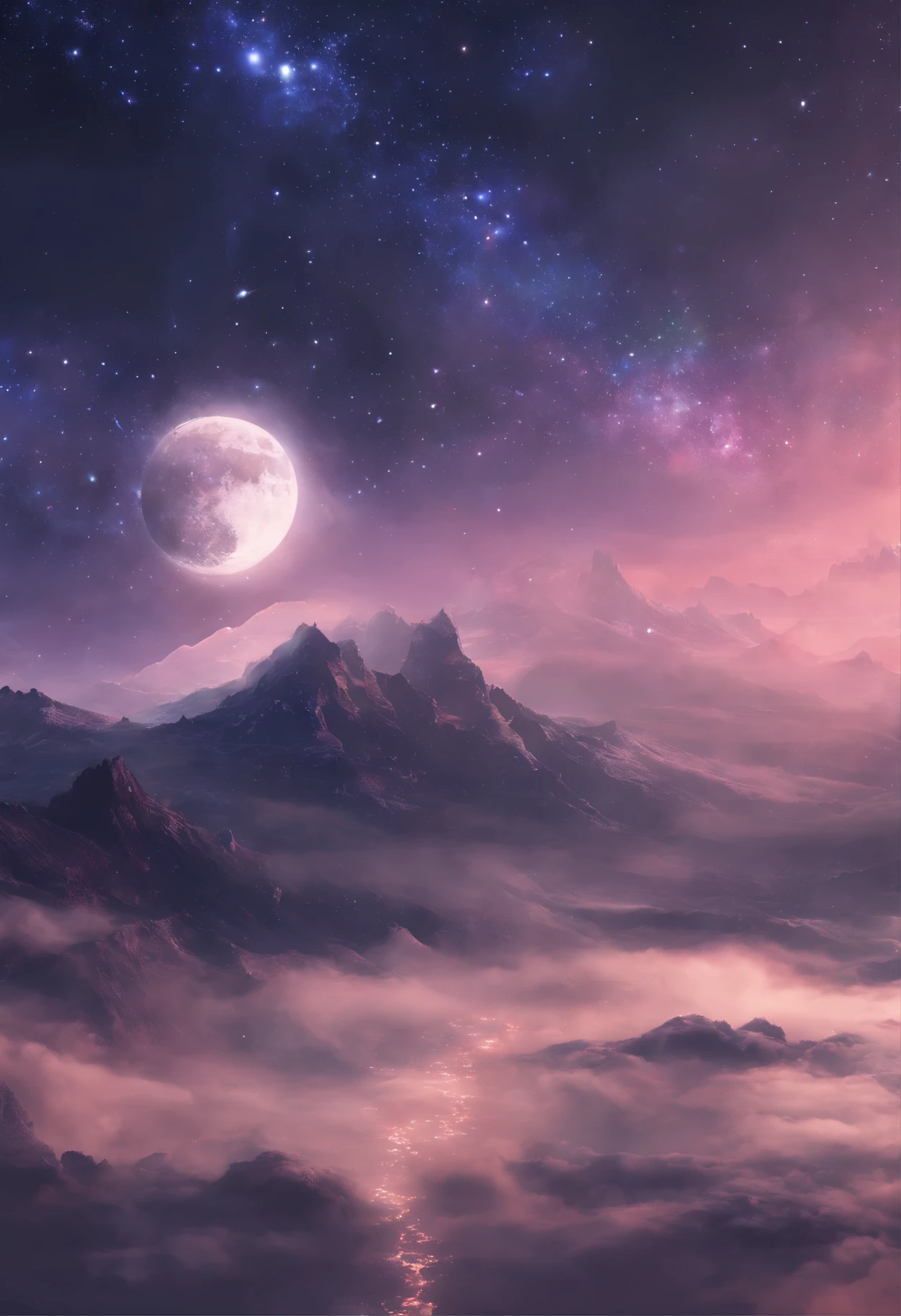((HG)), A captivating ((photorealistic image)) of a dreamy night sky featuring a fulmoon and an array of twinkling stars. Galaxy, creating a sense of depth and fantasy. soft dreamy ethereal atmosphere. This stunning 3D render is perfect for an iPhone wallpaper, showcasing an aesthetic blend of cosmic and dreamy elements that would make it a standout cinematic backdrop.