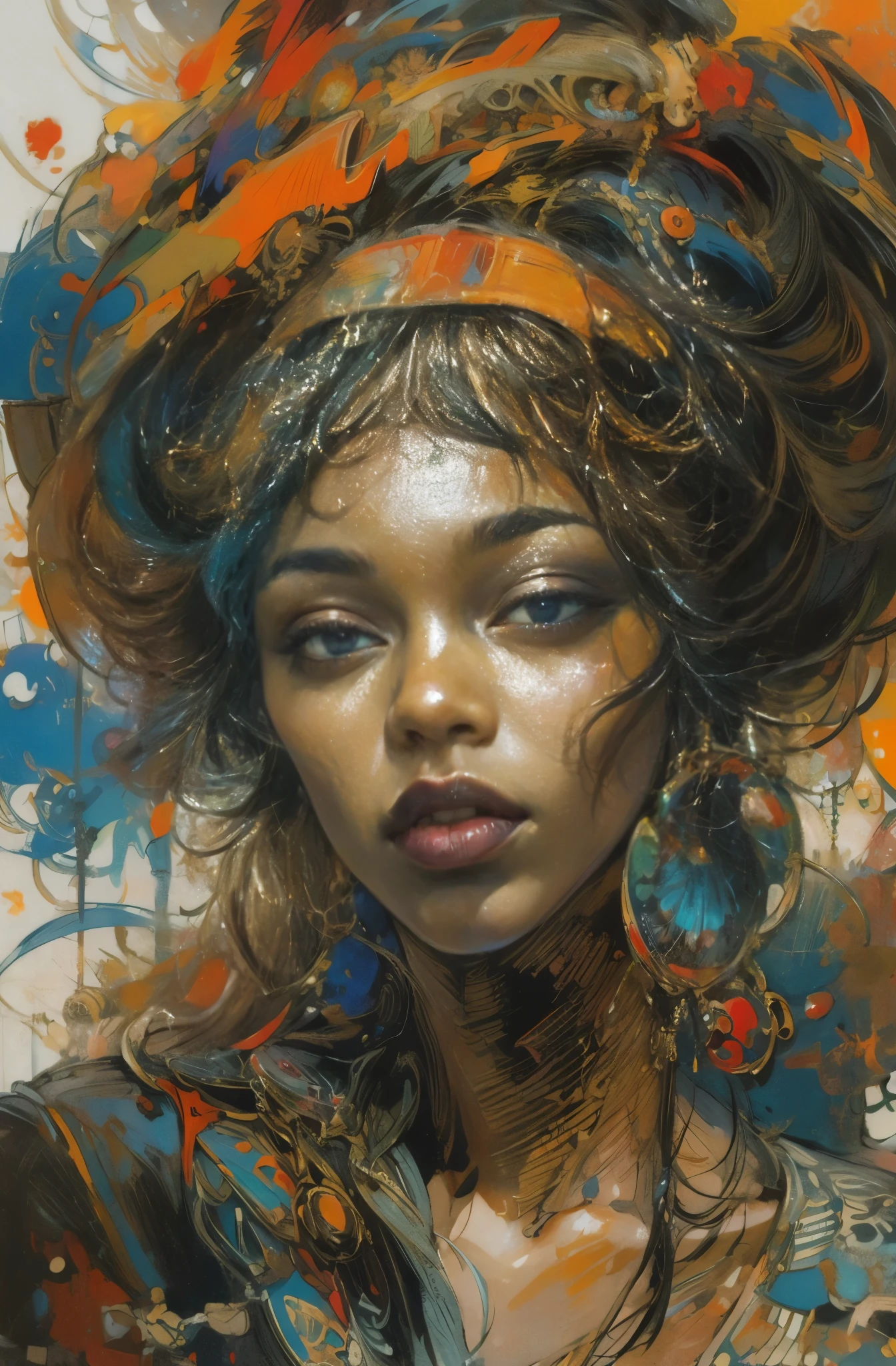 Beautiful Black Women Paintings, pretty much beautiful face, hip hop, soulful, Avant-garde, Queen of the Streets, check it out, Ultra-detailed paintings inspired by WLOP, art station trends, fantasy art, A complicated mess, The art of hitting, wallop art, WLOP |, wallop style, beautiful character drawings, Wlop painting style, WLOP | germ of art, Unparalleled Beauty Tumbler, figurative art, intense watercolor, watercolor detailed art, watercolor splash, surreal, avant-garde pop art, Beautiful and expressive paintings, Beautiful artwork illustration, very colorful tones, wonderful, cool beauty, masterpiece, highest quality, official art, women only, sharp outline, best shot, vector art, Written by Sandra Chevrier, dave mckean、By Richard Avedon、Written by Makiezi Kusiala, luminous design