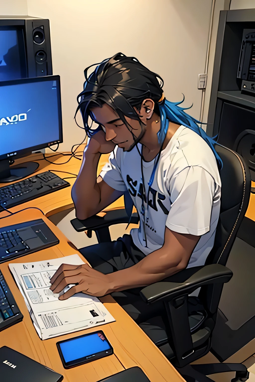 1 garoto negro de cabelo cacheado com fone de ouvido ouvindo musica no computador em seu quarto gamer de tema azul