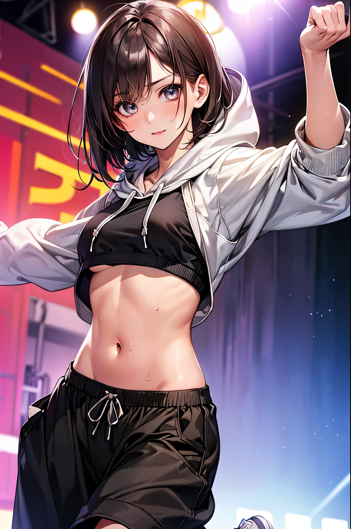 masterpiece, Highest quality, 1 person,( Large Breasts,Are standing, View your audience,),Detailed Background、A person who writes in detail、Accurate human body、Knowledgeable person、Accurate 5-finger,Mature Woman,Thighsが太い,Cruby Body,allmind,Long sleeve、Thighs、alone,((Oversized hoodie,)),slave collar,( open legs),((zettairyouiki)),(pussy juice),((motion_Line)),((orgasm))