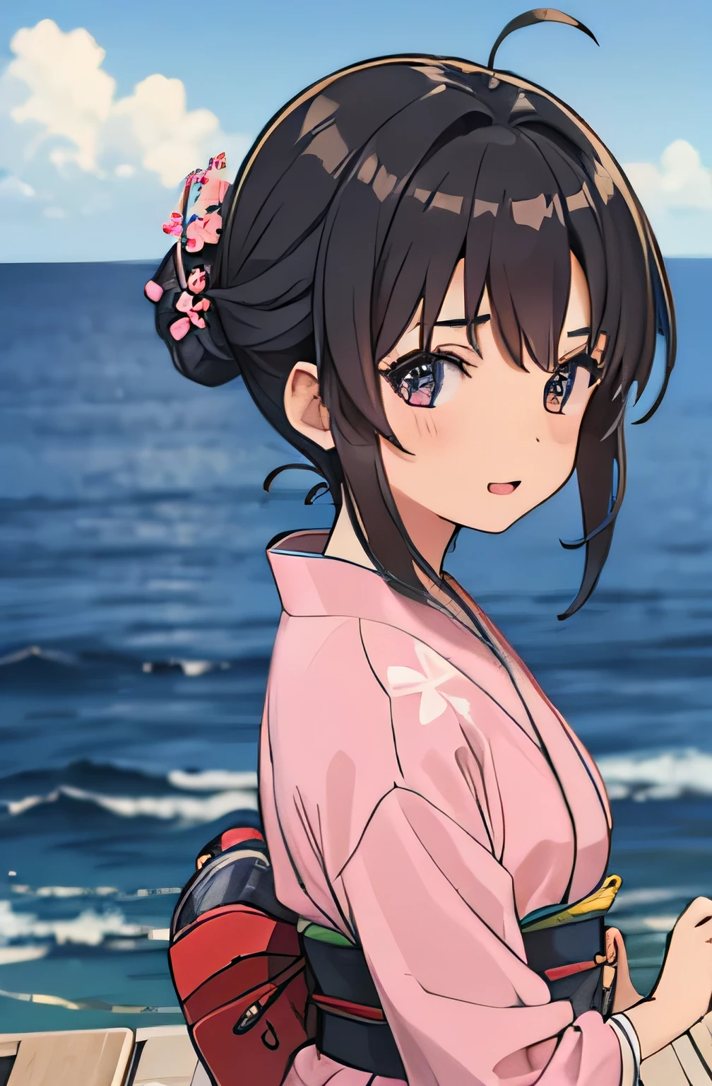 1girl,short cut,kawaii,yukata,japan,sea,sakura,army