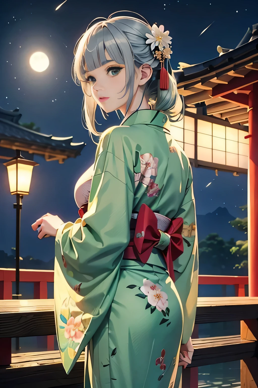 (Japanese beautiful flower printed kimono,yukata),((1girl,cute,young,semi long beautiful silver green hair,blunt bangs,twin tales,beautiful green eyes)),(solo),((masterpiece, highest resolution,best quality)), (beautiful illustration),(Japanese beautiful flower printed kimono,yukata),
(looking at the viewer), innocent smile,cinematic lighting,Japanese Festival,stall,fireworks,night sky,full moon,shooting star,