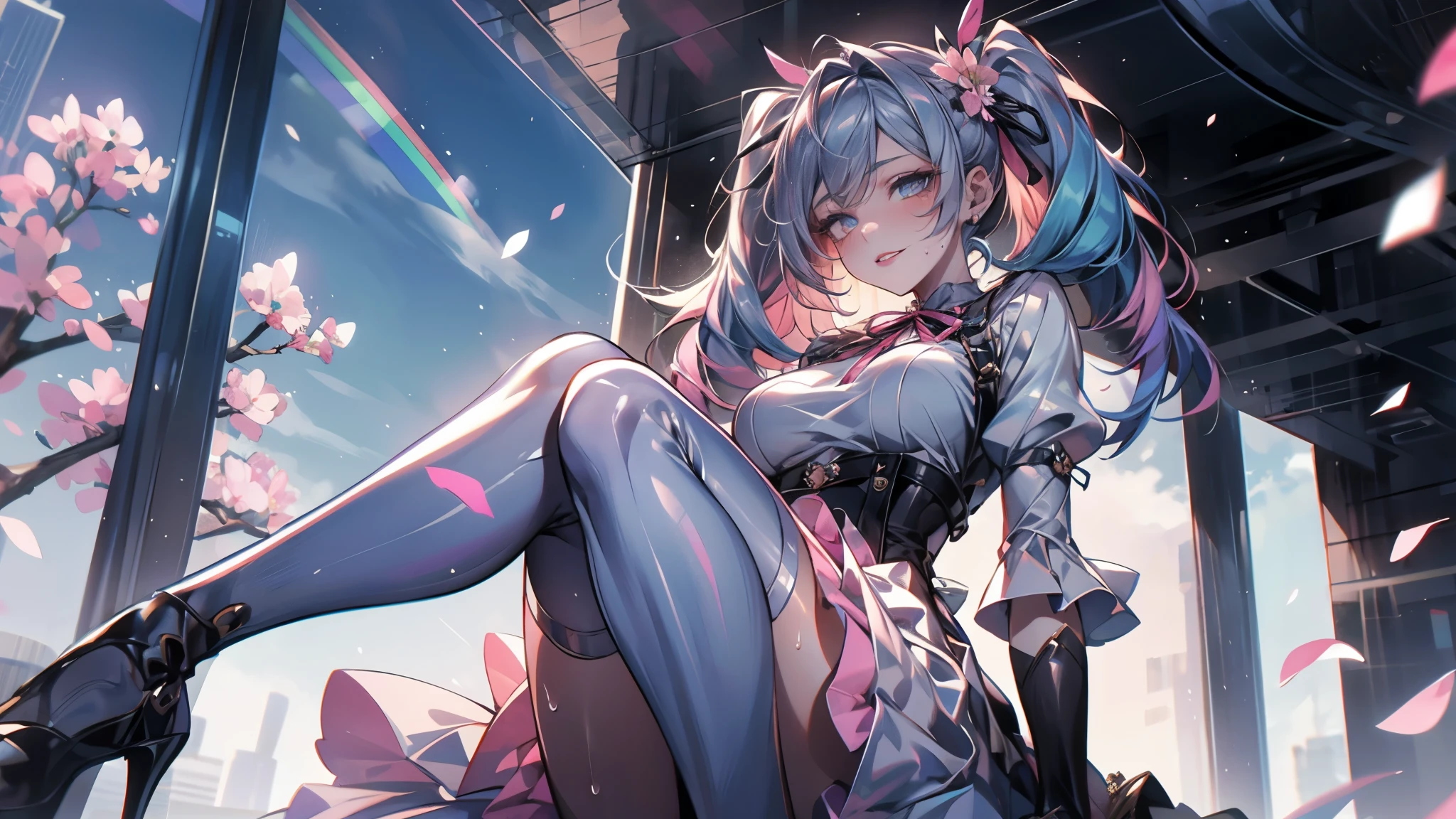 (Best quality, 8K, Masterpiece:1.3, 1 girl, solo, Beautiful girl), cute, Dynamism, Detailed face, Detailed skin, detailed clothes, Detailed eyes, Detailed lips, Detailed tongue, Detailed fingers, Detailed mouth, Photorealistic, Raw photo, highres, hight resolution, Natural lighting, dynamic pose, perfect anatomy, toned legs, double eyelids, tear bags, round eyes, moist lips, sweaty, ecstatic face, (rainbow hair:1.5, gradation hair), long twintails, hair ornament, city, sitting at edge of skyscraper, sky, sharp pupil, pink heart pupil, ((ta dress)), ribbon, half closed eyes, cherry blossom, pink flowers, smile, grabbing breasts, from below, wind, floating skirt, thighs