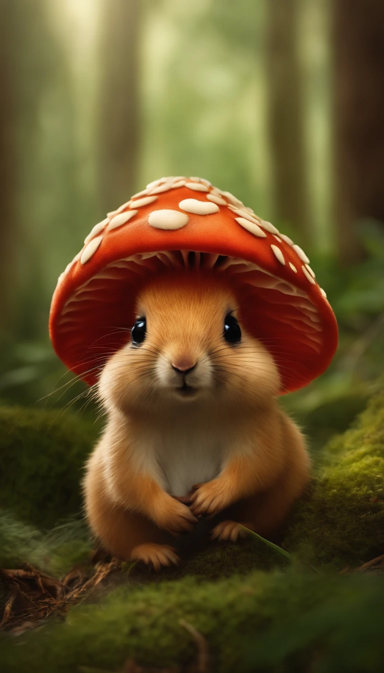 adorable creature,Semelhante a uma mistura de coelho e cenoura, cute, fofo, peludo, Felpudo, Floresta, Cogumelos, Wear a mushroom hat