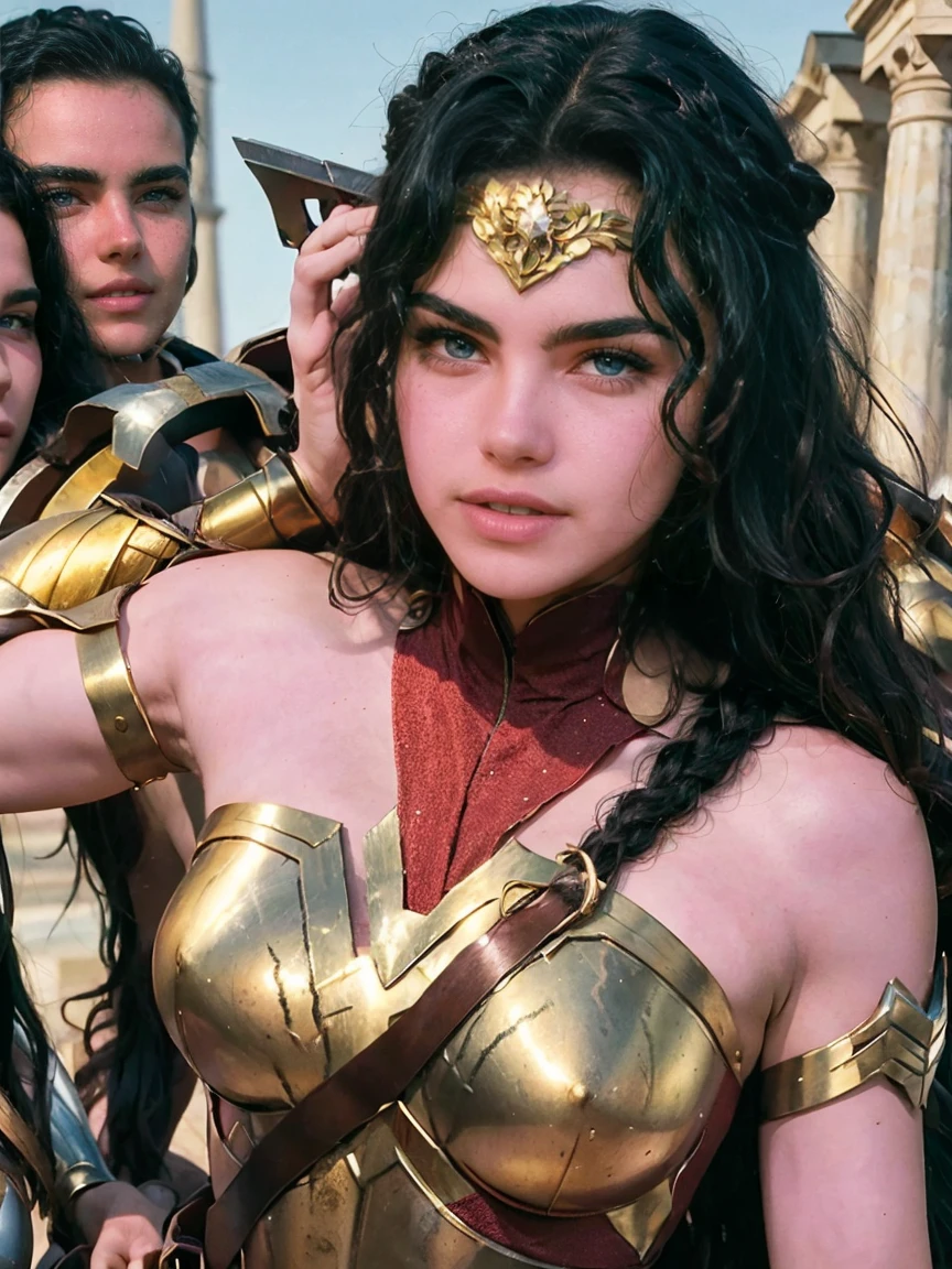 (best quality,realistic:1.2),Ana Paula Arosio in Wonder Woman costume, serious and penetrating look, looking at the camera
, stunning,hyper-realistic,detailed eyes,luscious lips,dark flowing hair,muscular physique,fierce expression,glowing golden tiara,bright red and gold armor,shield and sword,powerful stance,heroic background,studio lighting,vibrant colors,sharp focus