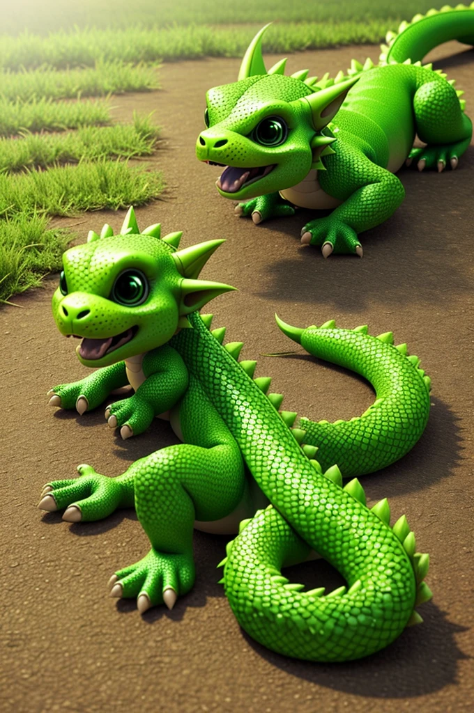 cutest illustration of baby a green dragon lying on the ground, art-station, ....cgi_animation