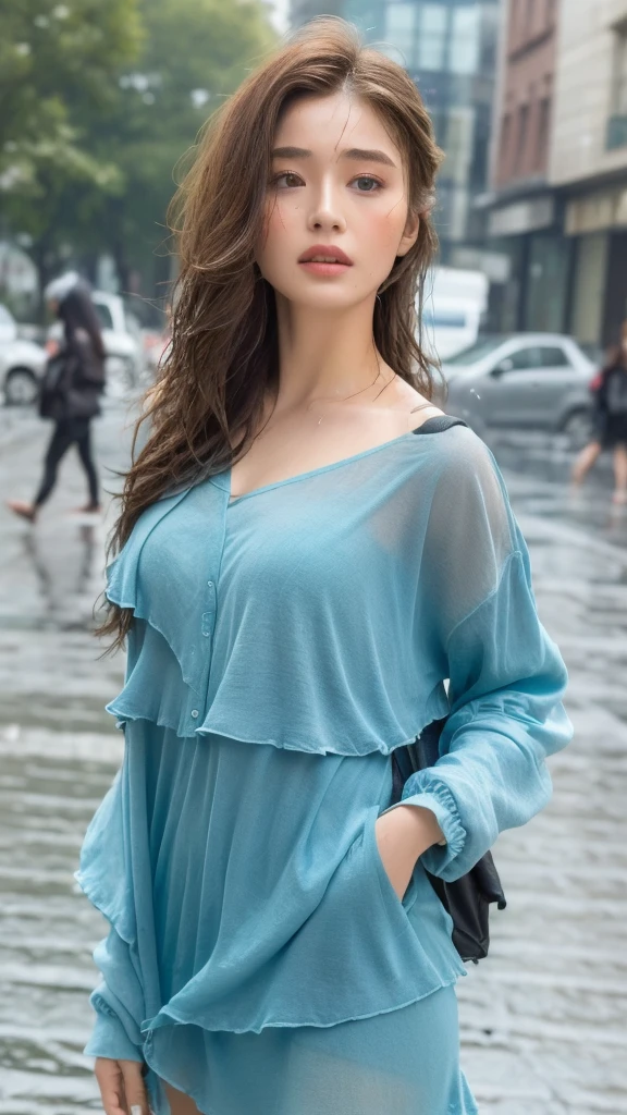 ((best quality, 8K, masterpiece:1.3)), focus: 1.2, perfect body beauty: 1.4, buttocks: 1.2, ((layered hairstyle, Chest: 1.2)), (wet clothes: 1.1) , (rain, street:1.3), Bandeau dress: 1.1, Highly detailed facial and skin textures, exquisite eyes, double eyelids, skin whitens, long hair