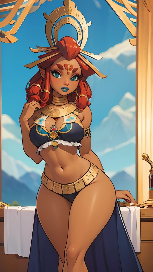 ((masterpiece)), ((best quality)), (detailed), perfect, solo, riju, gorgeous woman with armor bikini, luscious blue lips, red hair, huge breast, deep cleavage, huge breasts, sexy,