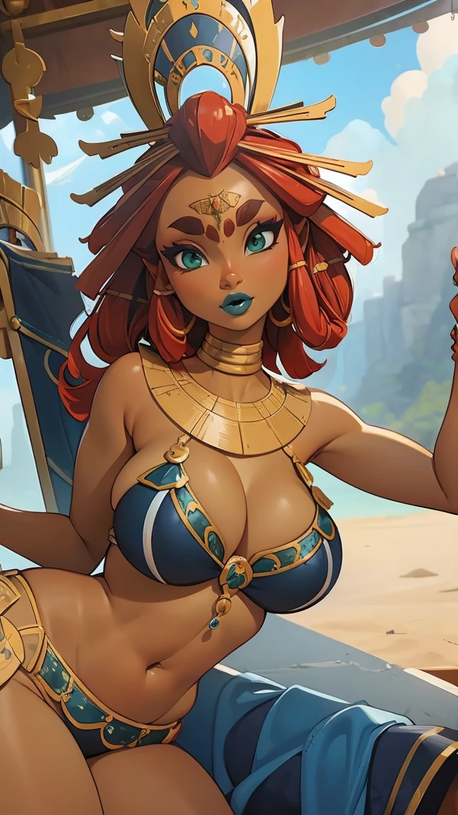 ((masterpiece)), ((best quality)), (detailed), perfect, solo, riju, gorgeous woman with armor bikini, luscious blue lips, red hair, huge breast, deep cleavage, huge breasts, sexy,