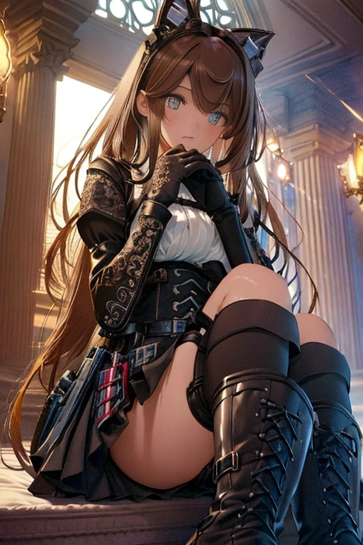(Make the subject look three-dimensional with the contrast of light and shadow),Cute and beautiful 22yo girl,(masterpiece:1.2), best quality, high resolution, unity 8k wallpaper, (illustration:0.8), (beautiful detailed eyes:1.6), extremely detailed face, perfect lighting, extremely detailed CG, (perfect hands, perfect anatomy),Brown hair,watching at viewers,black suspenders,(Bulging ,big breasts:1.1),Black miniskirt,garters,Gaze,Small face,bangss,holster,Belt Armament,Beautuful Women srestrained,hands up,Lying in bed,Leg holster ,lying on the bed,Gaze,black boots,panty shot