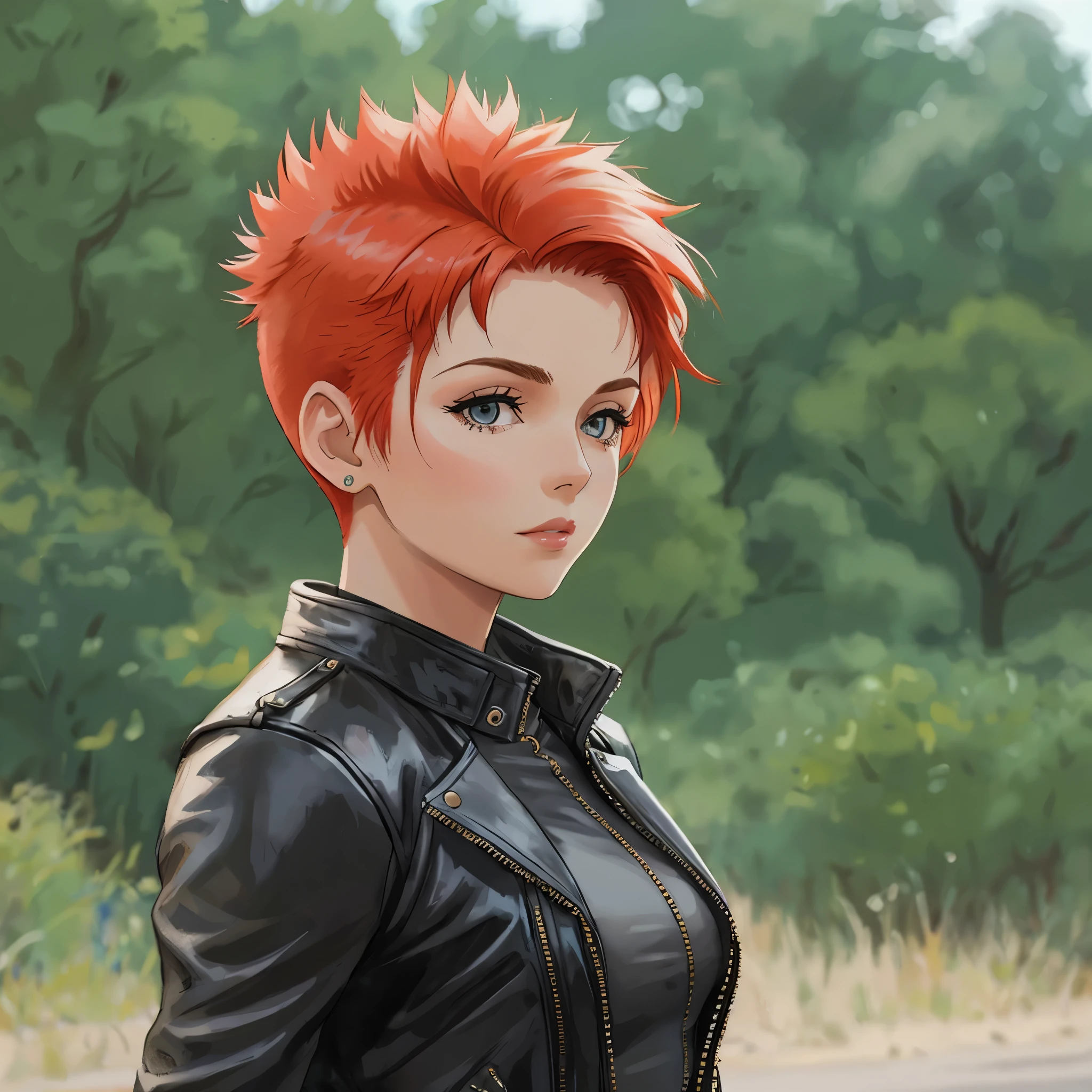 a woman, elsjn, redhead,(mohawk haircut:1.2), , leather jacket, posing, hdr, cinematic