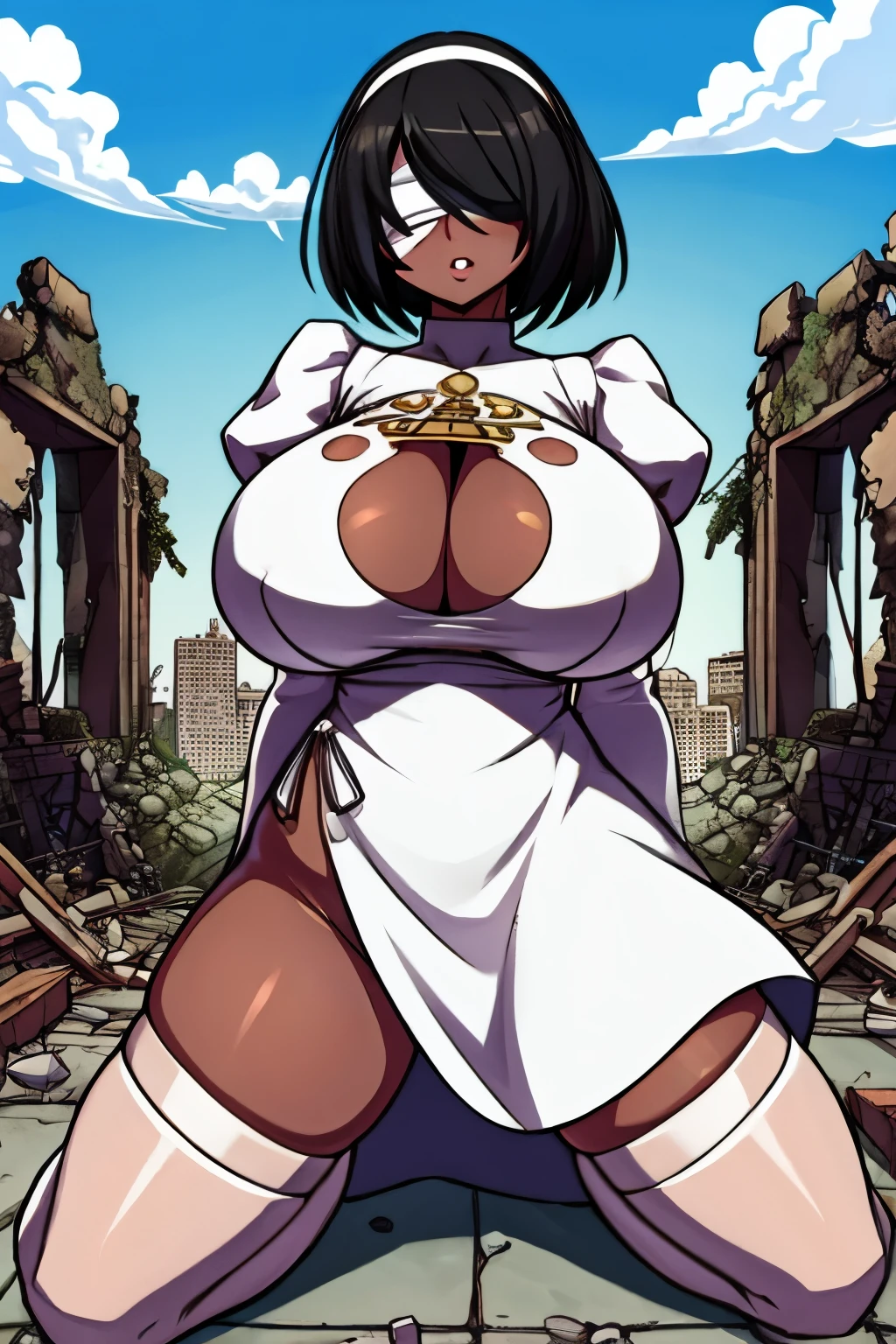 (Obra maestra:1.3),(muy detallado:1.3),(high resolution:1.1),Mejor calidad,ultra-detalle, city ruins, 2P, black hair, dark skin, withe dress, blindfold, breasts, stockings, gigantic breasts