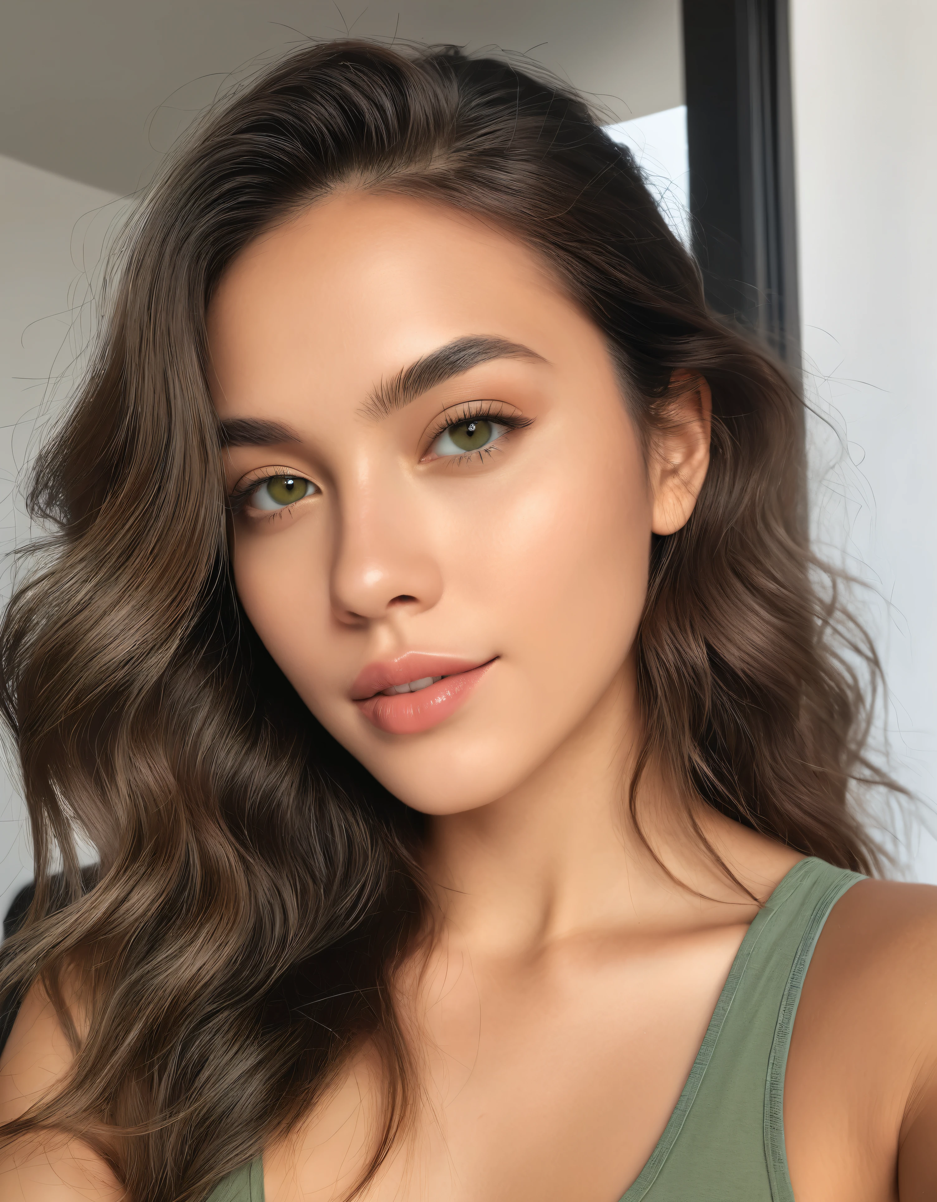 8k, Melhor qualidade, mesa, realista, O ultra-detalhado, fotografia realista, Um hiper-realista, softer lighting, increase the quality of cinematic lighting, photorealistic lighting, Back lighting, luz brilhante, Aumentar a qualidade, Peles com textura real de alta qualidade, fechar-se, delgado, rosto fofo, selfie live olhos lindos e detalhados, snapshot garota branca magra, , cabelo liso, fino, branca de olhos verdes, istp style, foto realista, , apartamento simples, pequeno, analog camera effect, cabelo liso, chinesa, calvin klein, chapinha, fazendo yoga no quarto