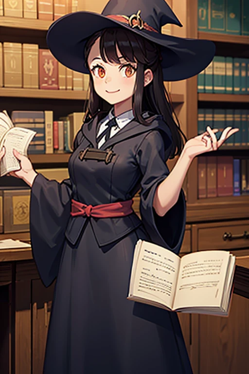 A black haired female witch with orange eyes in a conservative Victorian dress is smiling with a couple of parchment papers under her arm in a library
