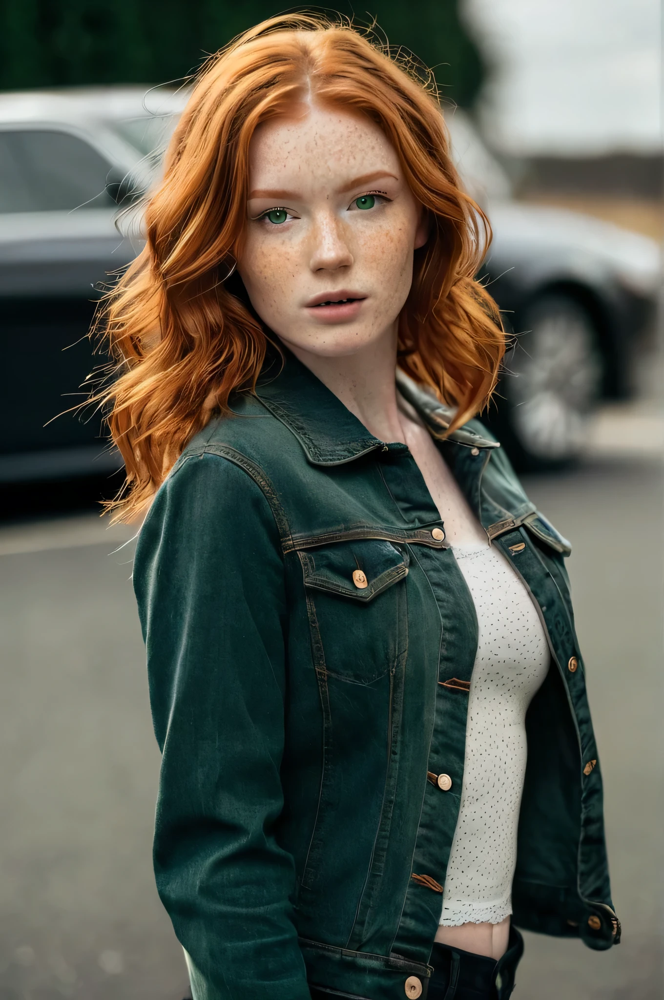 1girl in, age25, Solo, Aesthetic artwork, irish redhead, wavy ginger hair, shoulder length ginger hair, green eyes, few freckles, pale skin, (D-cup breasts), runners body, fullbody shot, (textured skin, skin pores:1.1), (moles:0.8), imperfect skin, goosebumps, black bra, denim jacket, black leather pants, next to sports car (extremely detailed 8k wallpaper), soft lighting, high quality, film grain, Fujifilm XT3 sharp focus, f 5.6, 50mm, High Detail, Sharp focus,(natural light), (seductive)