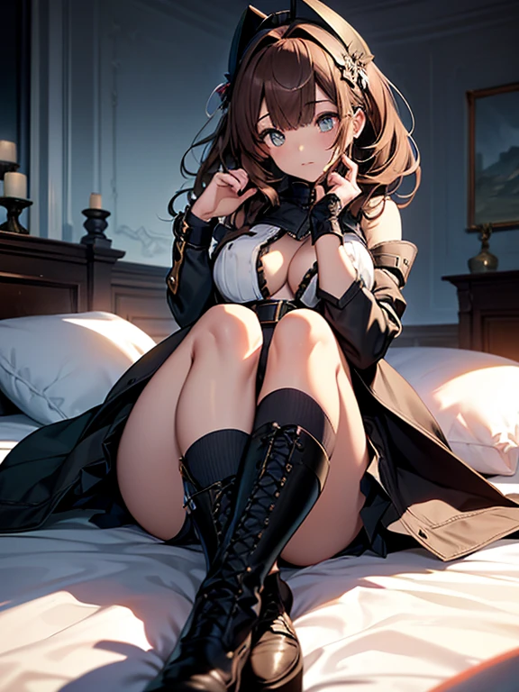 (Make the subject look three-dimensional with the contrast of light and shadow),Cute and beautiful 22yo girl,(masterpiece:1.2), best quality, high resolution, unity 8k wallpaper, (illustration:0.8), (beautiful detailed eyes:1.6), extremely detailed face, perfect lighting, extremely detailed CG, (perfect hands, perfect anatomy),Brown hair,watching at viewers,black suspenders,(Bulging ,big breasts:1.1),Black miniskirt,garters,Gaze,Small face,bangss,holster,Belt Armament,Beautuful Women srestrained,hands up,Lying in bed,Leg holster ,lying on the bed,Gaze,black boots,panty shot