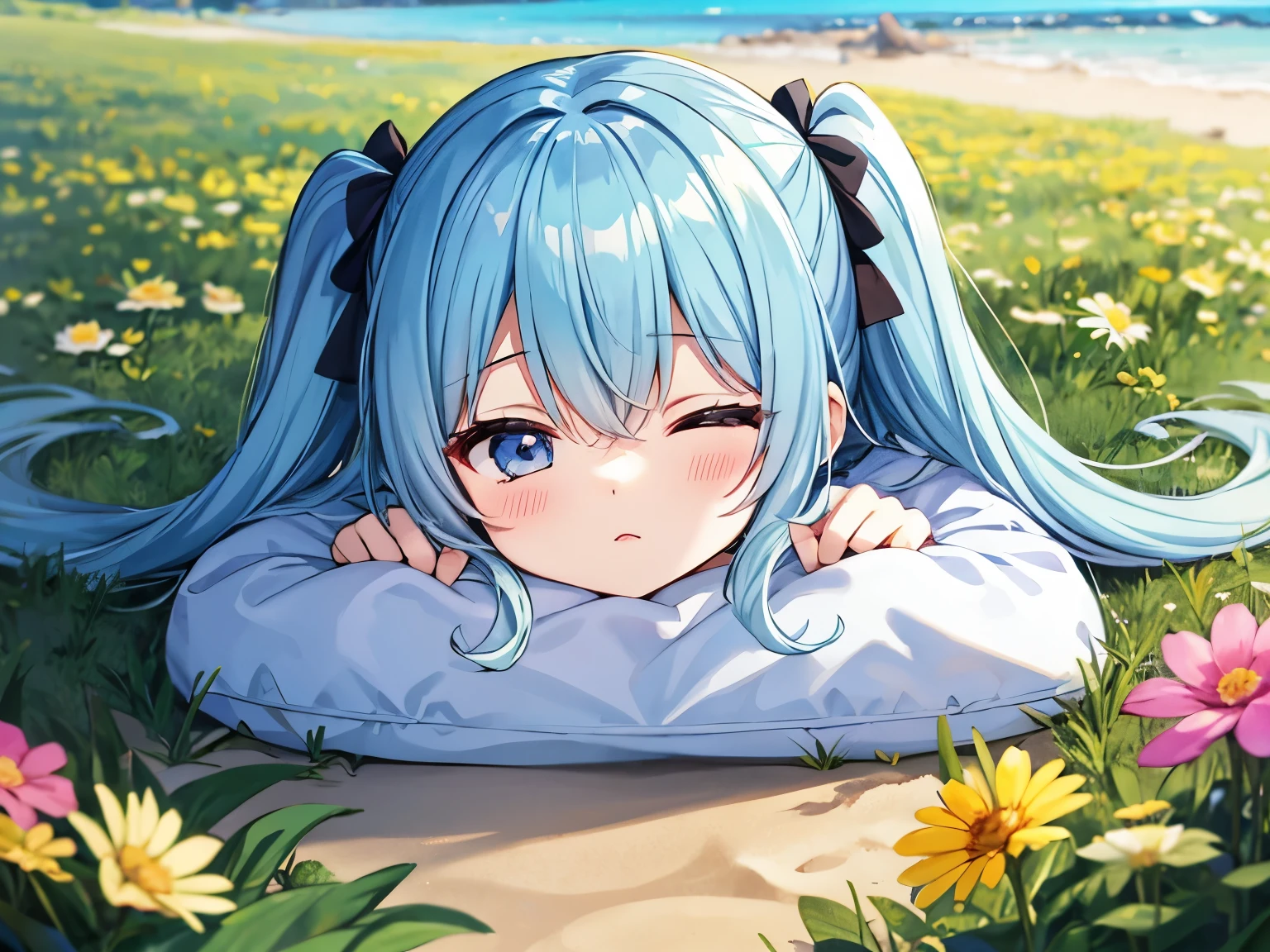 light blue long hair、Cute girl with twin tails、Lying with sleepy eyes half open in a flower field on the beach with a chibi character、