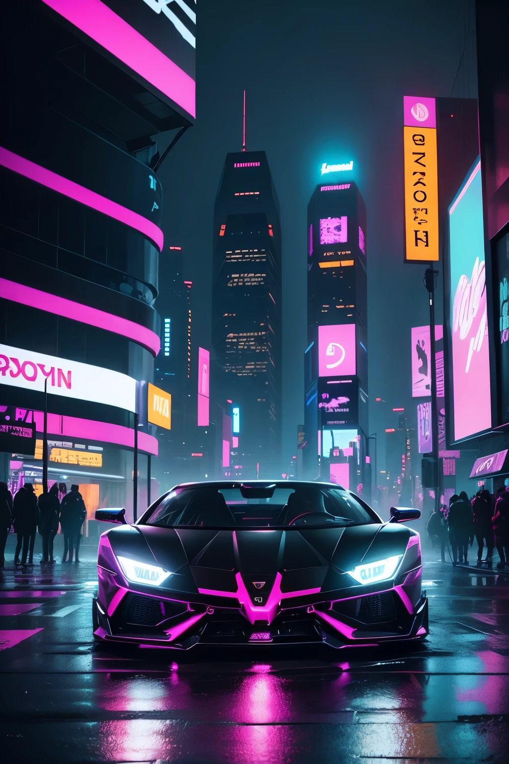 2025 black and pink Lamborghini car front view futuristic after market body kit with neon lights, parked in a futuristic city with neon lights, ultra wide image 180 degree field of view, cyberpunk, retrofuturism, cyberpunk, neon city in the background, cyberpunk with neon lighting, in cyberpunk city, in a futuristic cyberpunk city, detailed neon cyberpunk city, cyberpunk city, cyberpunk cityscape, hyper realistic cyberpunk city, neon rainy cyberpunk setting in times square new york