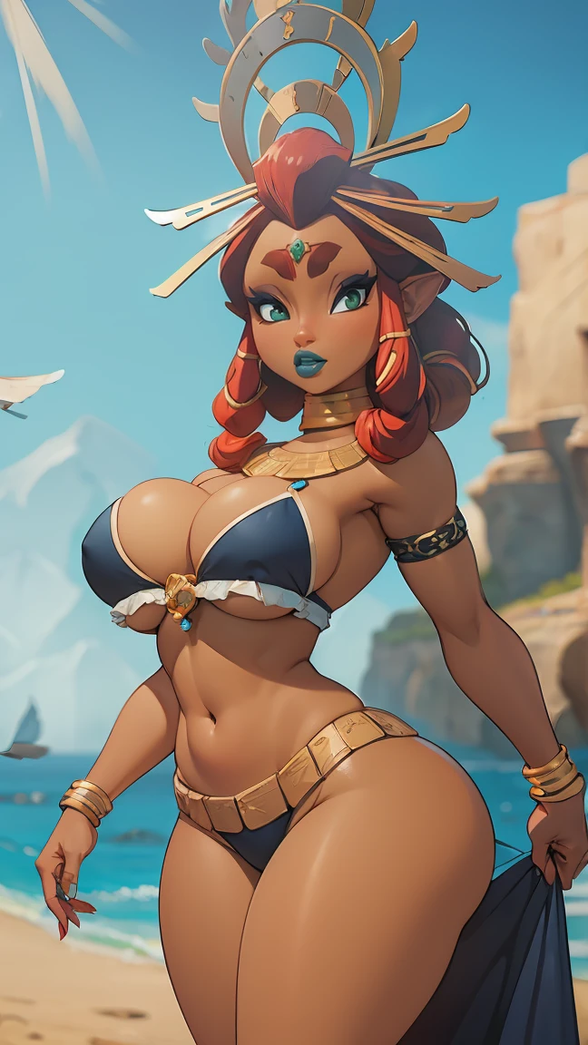 ((masterpiece)), ((best quality)), (detailed), perfect, solo, riju, gorgeous woman with armor bikini, luscious blue lips, red hair, huge breast, deep cleavage, huge breasts, sexy,