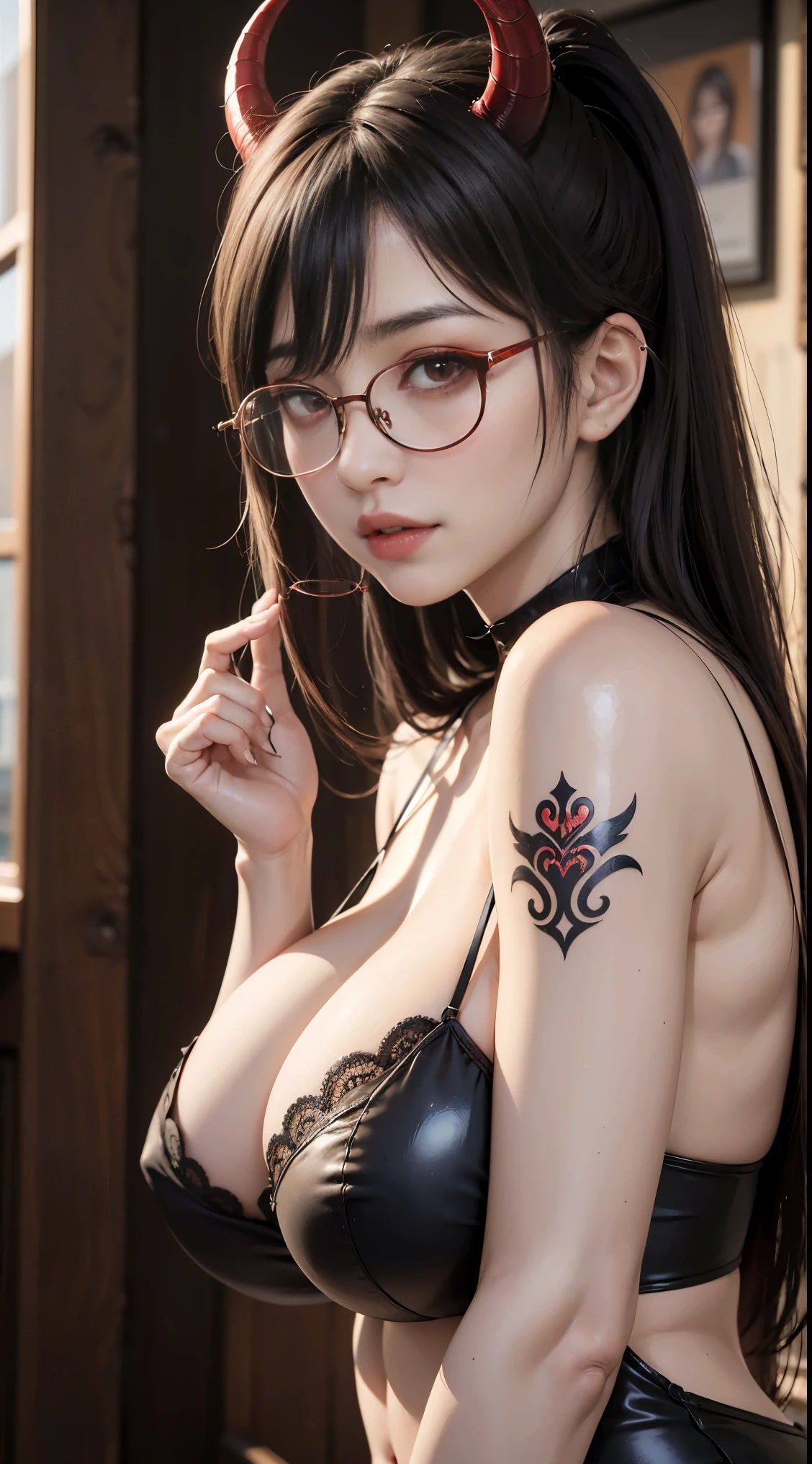 got itですか、(best illustration)、8k UHD resolution、intricate details、highest quality、realistic、Super detailed、best writing、best shadow、soft lighting、ultra hd、Super realistic、Tyndall effect、Photoreal、(high detail skin:1.2)、 (intricate details, compensate, face to face with the children_V1:0.5), (Beautiful and delicate face in every detail, got it, beautiful and delicate eyes, perfectly proportioned face, high resolution skins, fine skin, Optimal ratio of 4 fingers and 1 thumb, arm under chest, red tattoo on lower abdomen、wonderful、wonderful, wide hips, smooth abdomen, thin and thin skin, __fashion__, __hair__:1.25)、Digital single-lens reflex camera、 absurd、1 Beautiful devil woman from hell, デヴィッド・ホックニーとアルフォンス・ミュシャによる超realistic女性のポートレート, Portrait of a seductive woman、fantasy art, Chinese humanoid robot、chinese actress、dungeon、dragon、devil'palace of、devil'torture chamber、night、dark style 、in the dark、(detailed spooky background:0.8), magic、 1 girl、evil nun、dark necromancer、Succubus、devil'Daughter of、Umi Shinonome、bat wings,(((devil'Horn)))、 ((((giant glasses, otaku glasses, thick glasses, round glasses)))),(((big breasts)))、(devil'tail)、(red eyes shine:1.6)、red eyesには、Very clear and detailed makeup, your eyes are so beautifully made, ((red eyes:1.0)),intricate tattoo, demonic intricate tattoo, thigh tattoo, body tattoo, masterpiece、the most beautiful face、baby face、cute smile、seductive bodyとふっくらとした美しい赤い唇、devil'seductive body、devil style、enchanting black magic costume、(((光沢のある赤い蛇が彼女body ofに巻き付いています)))、The long-haired、Braid、Black hair、Ponytail distortion、, Ponytail with a bow tied at the back of the hair, beautiful expression、body up、big breasts emphasis、bust, super tight chest, Breast augmentation surgery, Breasts are very big and round,tight waist、wide ass、 secret key, cowboy lens, (red phoenix dress: 1.0), devil'Crown of, Red Gemstone Necklace、Jewelry Gwise, wearing black mesh socks,wearing a thin red and black robe, Pull the straps with your hands to reveal your sexy breasts, Close-up of the main character, nffsw, nffsw, Meeting beautiful girls, look at the girl'body of,