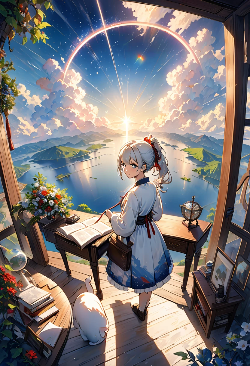 (8K、Raw photo、highest quality、look up:1.2、masterpiece:1.2、genuineistic、ultra high resolution、high contrast、photon mapping、genuine、Super detailed、official art, Raw photo、professional lighting、 light、Vivid atmosphere、twicelight) (1 girl),（One white kitten）,The morning sun comes in、On an antique desk in the airship&#39;s VIP room、The world map is unfolded。Using a compass、Checking the direction to the destination、A girl and a white kitten、I feel hope, joy, and anxiety.。The outside world seen from the VIP room、Stars in the sky々And the Milky Way shines、The ancient city appears in the air like a heat haze.、On the ground、Surrounded by greenery、A medieval Roman city-state on the shores of a lake、Shining in the morning sun。An atmosphere that exudes the excitement of adventure。High Fantasy Worldview,　Beautiful depiction of grand composition and proportions, Guardian nebula of rainbow light and silvery vapor, Corrosive Encirclement Ray Family Color, slimy air feeling,