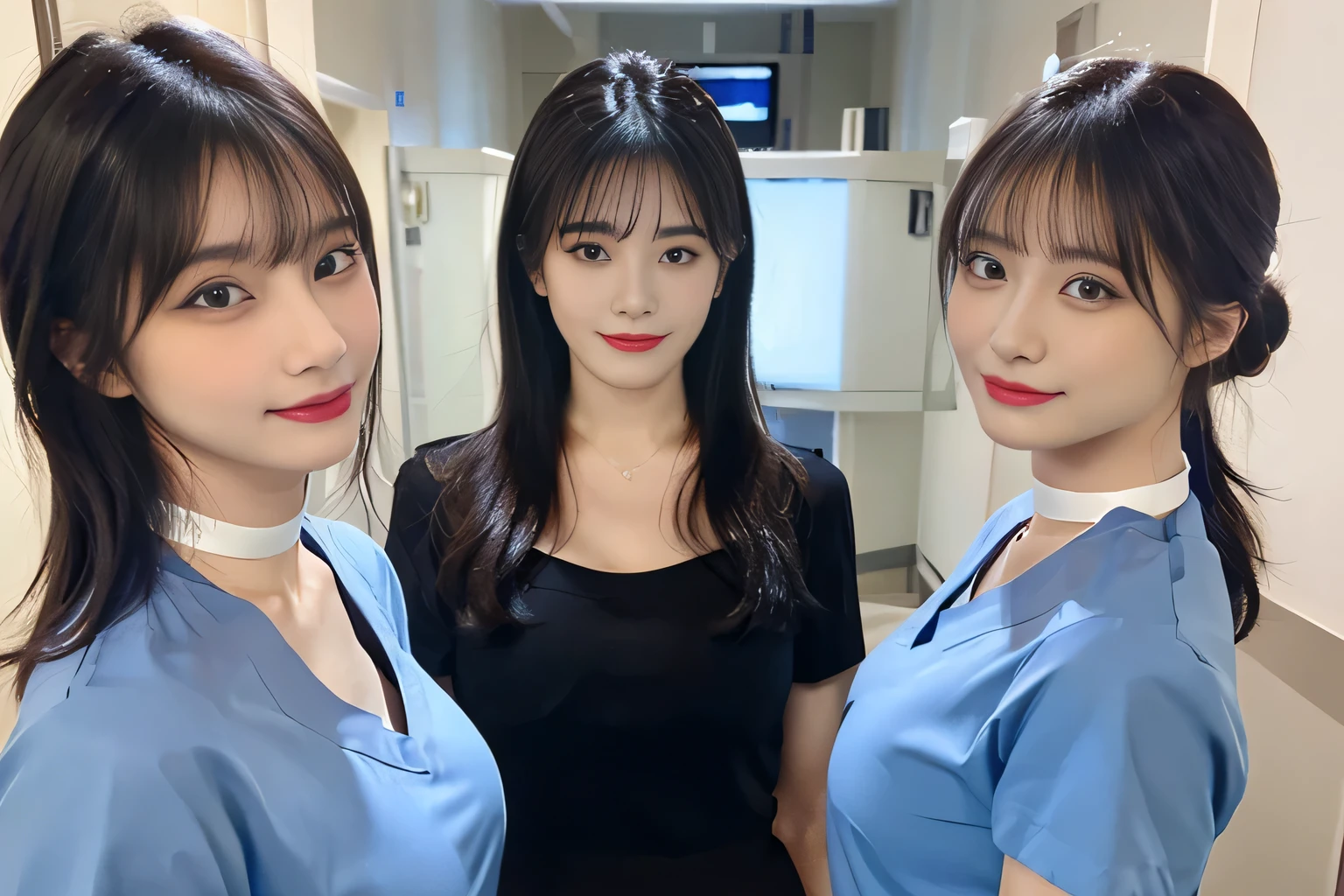 ((highest quality, 8K, Representative works in detail, ultra high resolution)), (middle shot:), Five attractive business women, 5 people, big breasts, smile, ((black choker)), slim body shape, big breasts, blue color contacts, long eyelashes, bangs, Physical examination, health check, Examination room, hospital, nurse