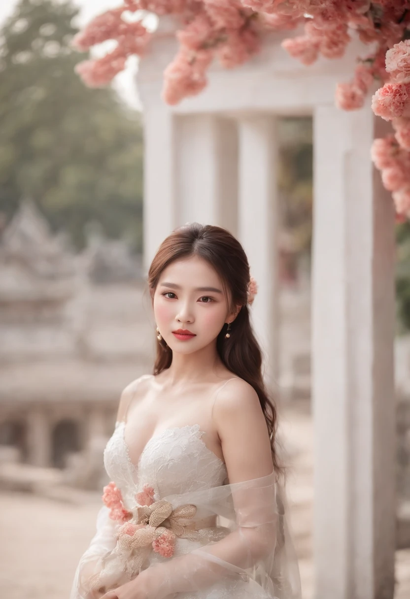 Describe an image of Laos's Thatluang temple at sunrise, Best composition, obra-prima obra de arte, masterpiece:1.2, best quality), realistic, (real picture, intricate details, depth of field), (1girl, solo), make up, parted lips, highly-detailed, perfect face, (skindentation), thick thighs, wide hips, small waist, tall, glossy coral lips,, (A girl in a wedding dress with flowers in hands )), beautiful face, korean face, standing in front of Victory gate, Japanese face