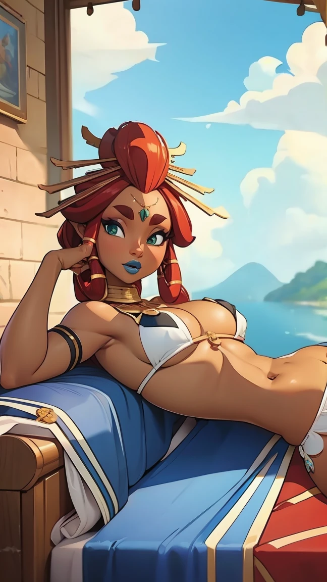 ((masterpiece)), ((best quality)), (detailed), perfect, solo, riju, gorgeous woman with armor bikini, luscious blue lips, red hair, huge breast, deep cleavage, huge breasts, sexy, lying down