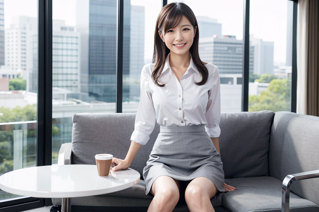 Japanese beauty、Business service, gray skirt, business clothes, Work clothes, Work clothes, catalog photo, from me, Detailed image, business clothes装, Portrait Center, grey, white shirt and gray skirt, wearing a business casual dress、White panties are visible from the skirt、laughing、sitting、slim japanese woman、こちら向きにsitting