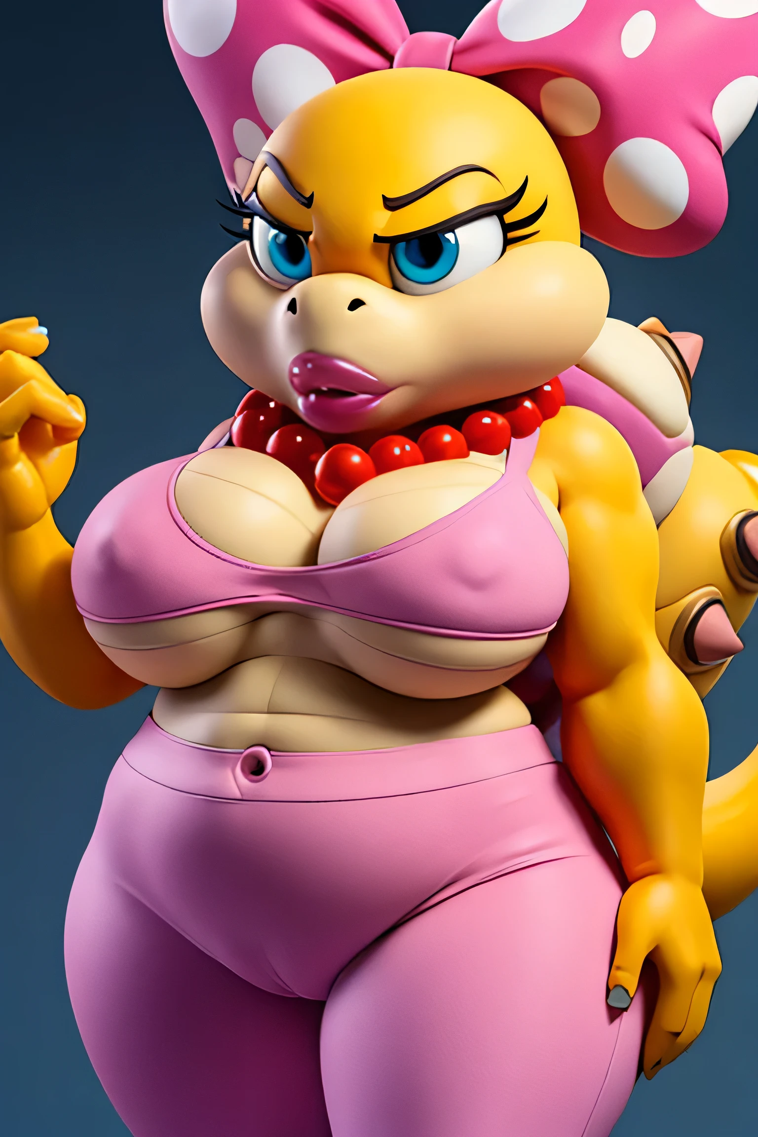 Slightly overweight wendy koopa,furry,tail,animal nose, yellow skin,blue eyes,makeup, pink lips,pink turtle shell, tail, polka dot hair bow, necklace, Pink tanktop, White tight pants, gold earrings, Red pearl necklace, Pink polka dot bra, big Chest, high quality, masterpiece,,